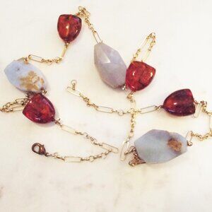NATURAL BALTIC CHERRY RED AMBER & PALE BLUE ROUGH OPAL ROCKS 40" L. NECKLACE A